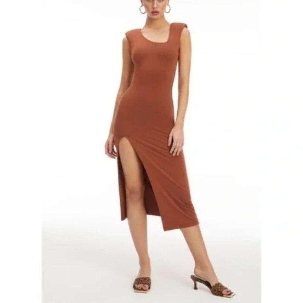 Good American asymmetric neck midi dress tortoise shell size womens 4